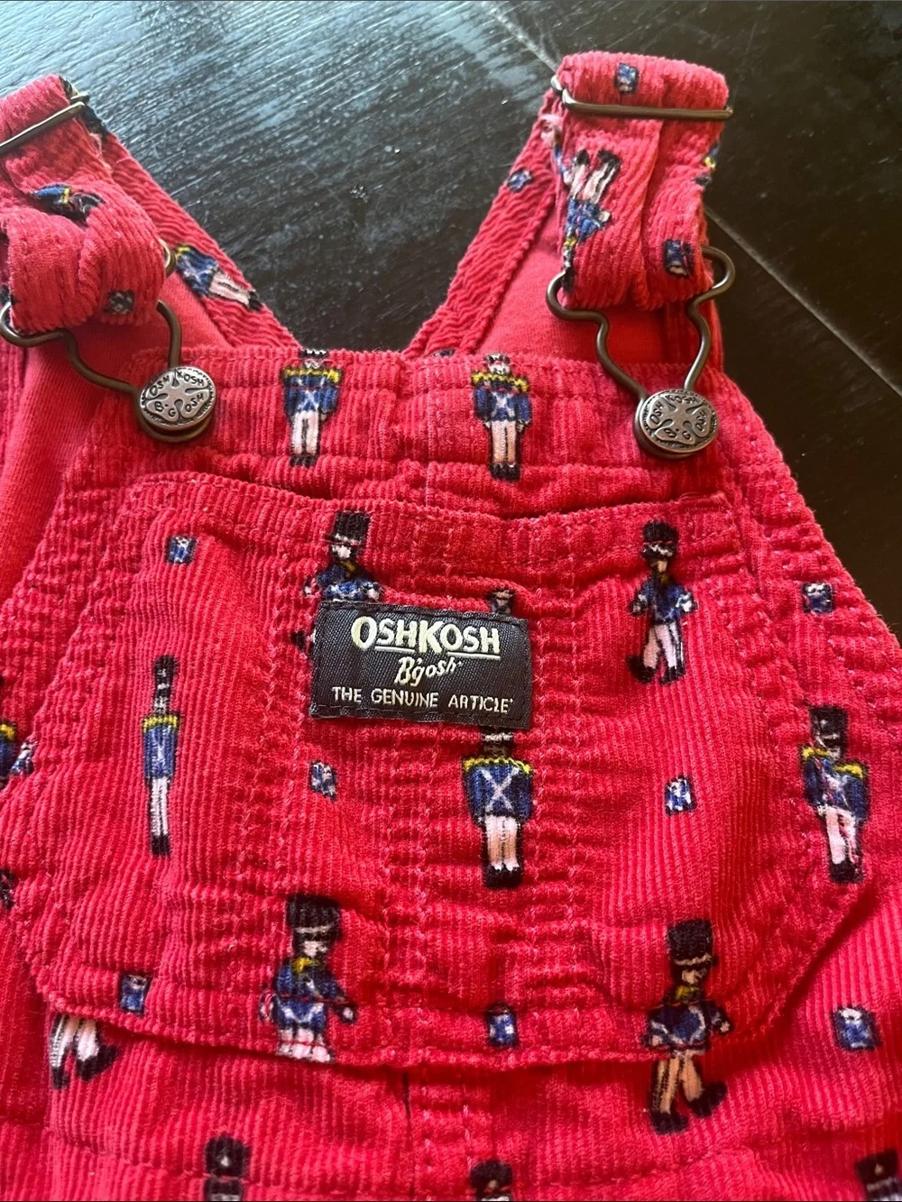 OshKosh B'gosh Red Corduroy Toy Soldier Print Overalls 12M vintage